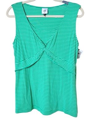 CAbi Medium Green and White Striped Twist-Front Top